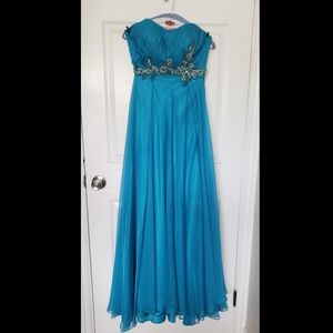 Strapless turquoise evening dress